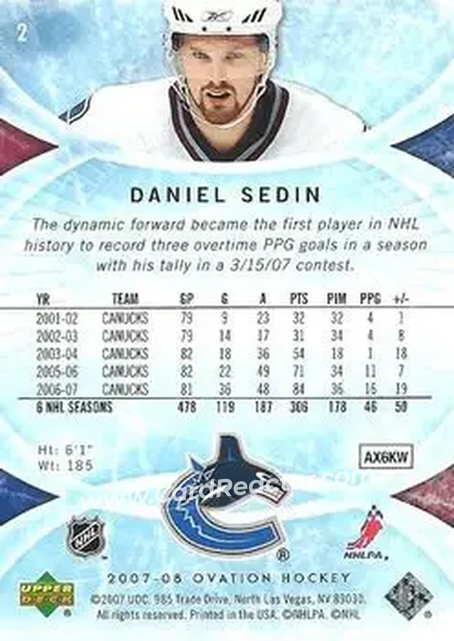 2007-08 Upper Deck Ovation #2 - Daniel Sedin - Vancouver Canucks - Back
