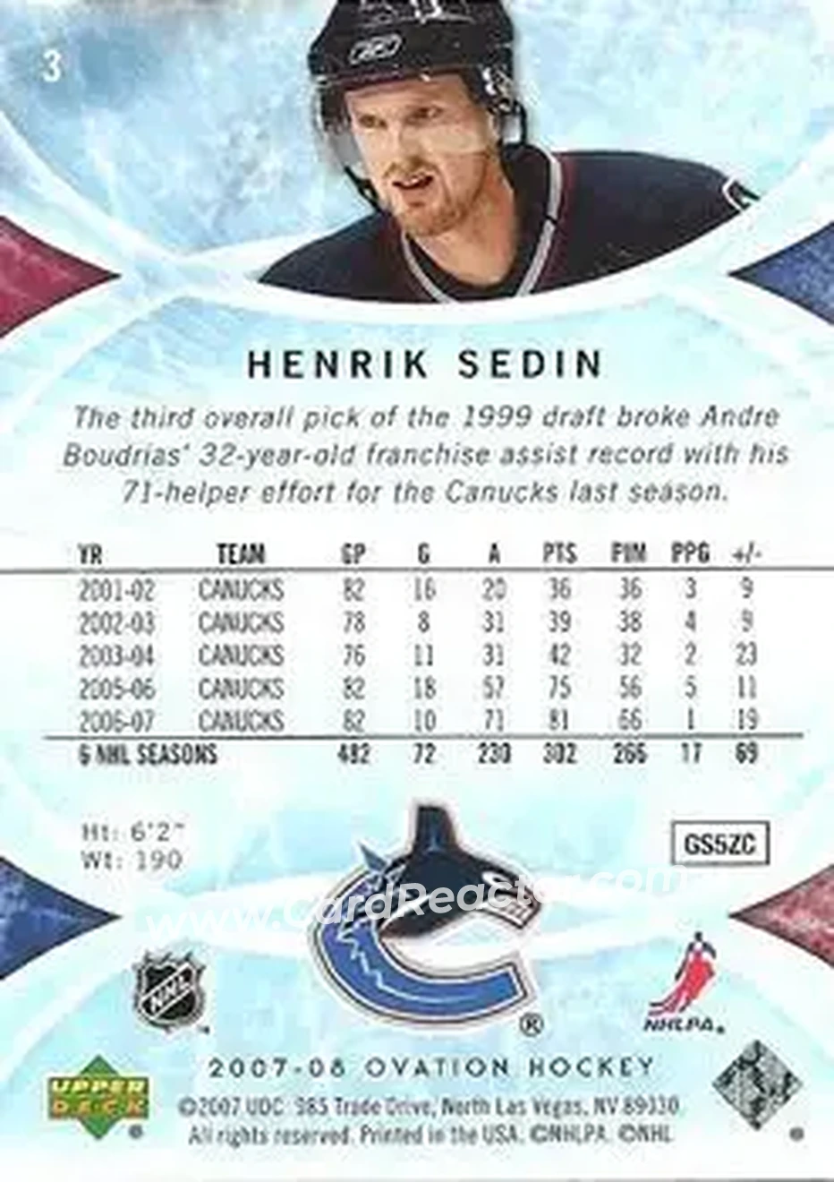 2007-08 Upper Deck Ovation #3 - Henrik Sedin - Vancouver Canucks - Back