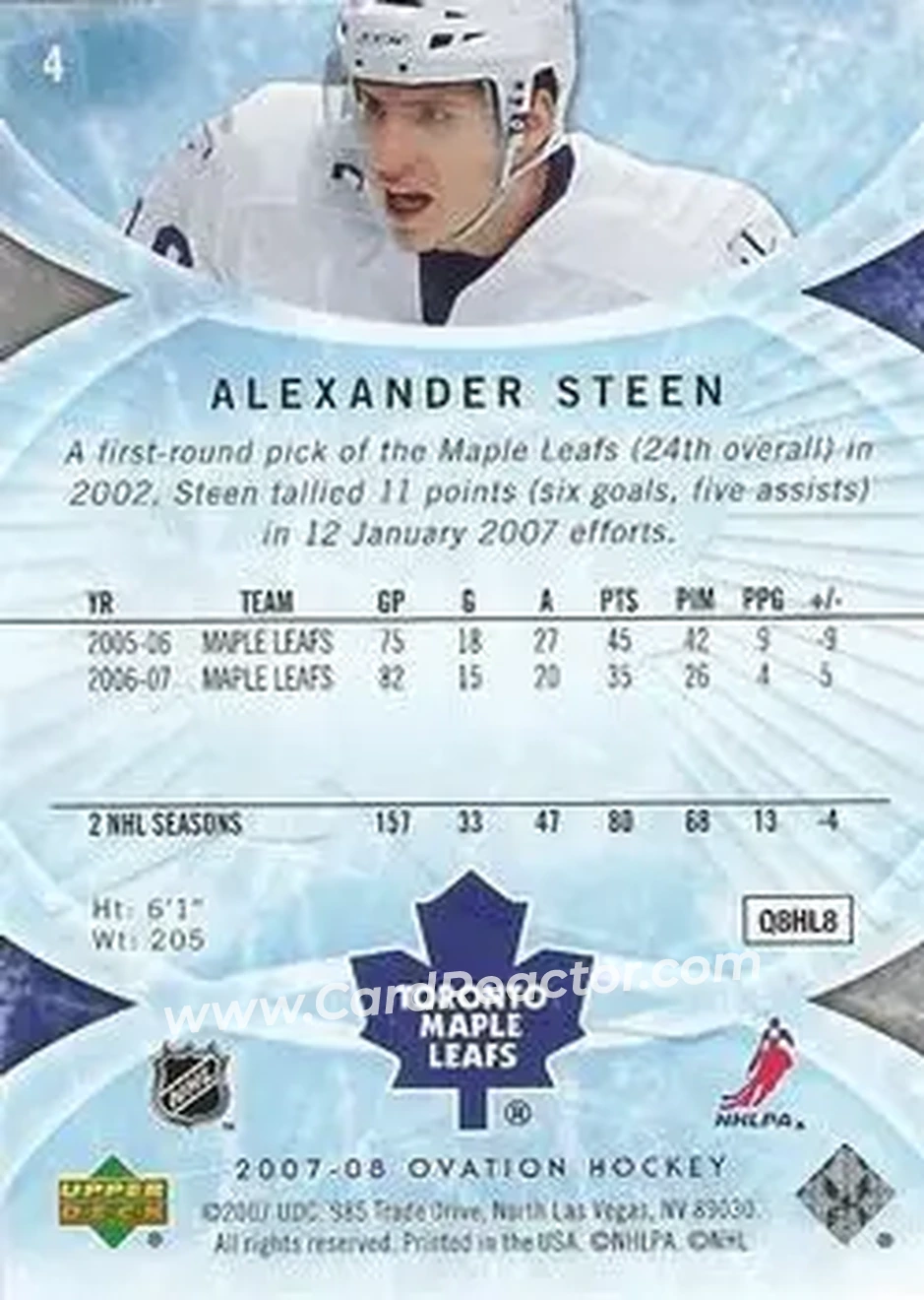 2007-08 Upper Deck Ovation #4 - Alexander Steen - Toronto Maple Leafs - Back 2007-08 Upper Deck Ovation #4 - Alexander Steen - Toronto Maple Leafs - Back