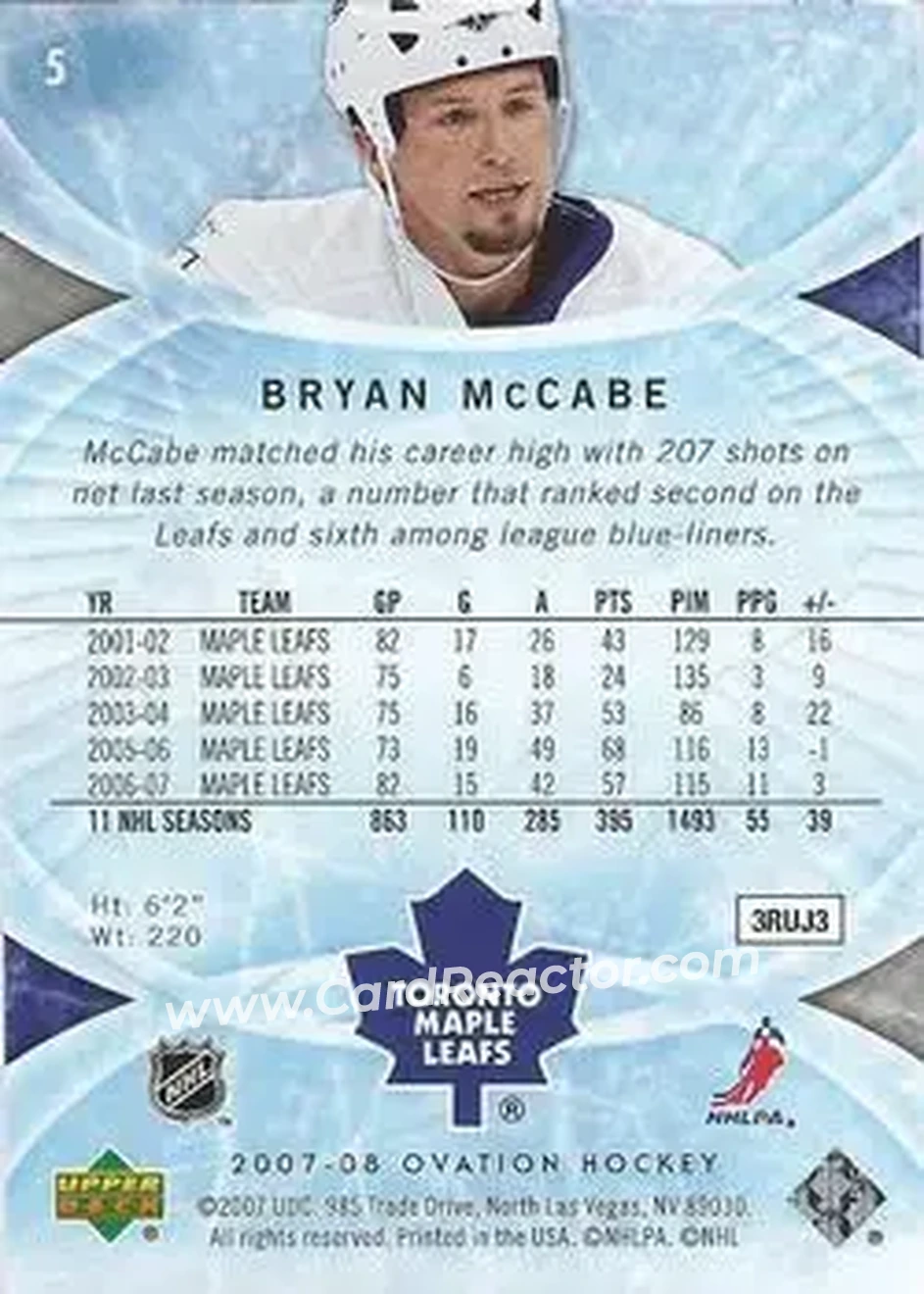 2007-08 Upper Deck Ovation #5 - Bryan McCabe - Toronto Maple Leafs - Back 2007-08 Upper Deck Ovation #5 - Bryan McCabe - Toronto Maple Leafs - Back