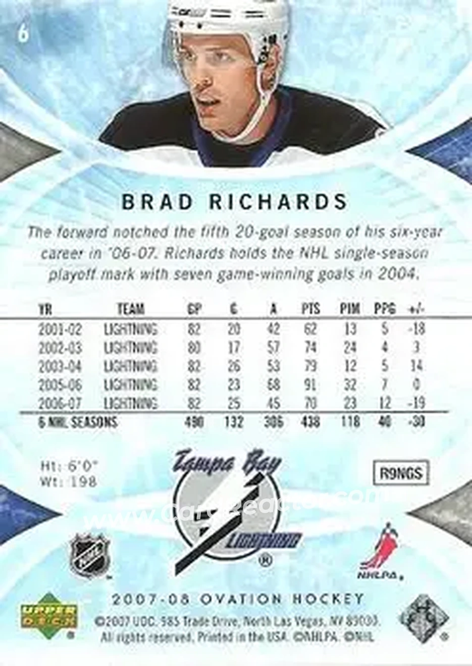 2007-08 Upper Deck Ovation #6 - Brad Richards - Tampa Bay Lightning - Back 2007-08 Upper Deck Ovation #6 - Brad Richards - Tampa Bay Lightning - Back