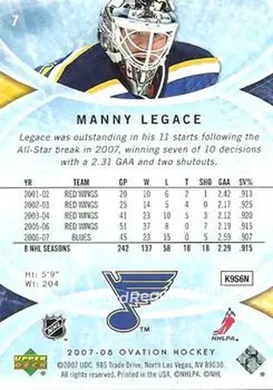 2007-08 Upper Deck Ovation #7 - Manny Legace - St. Louis Blues - Back