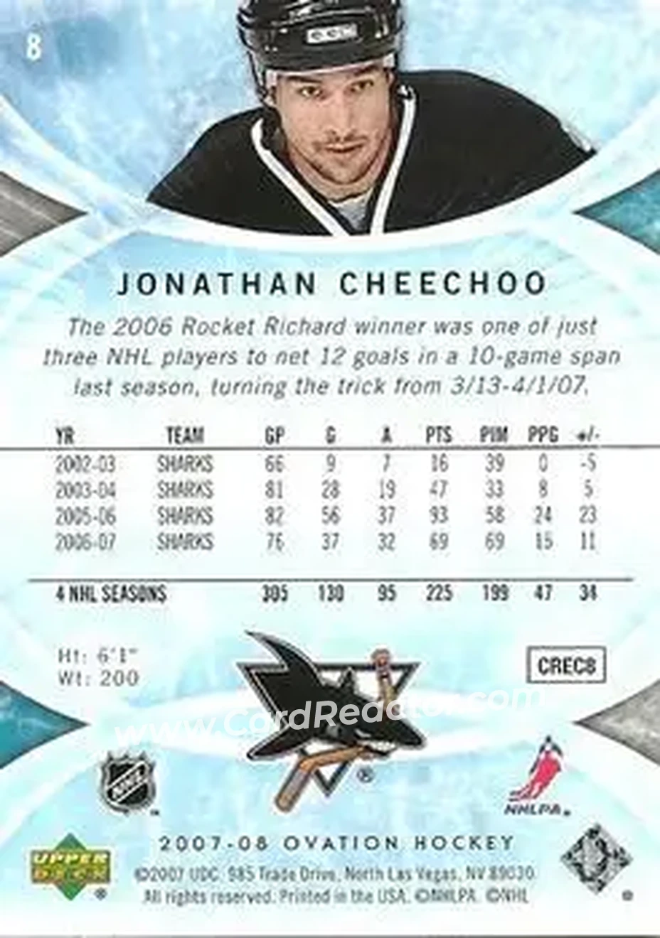 2007-08 Upper Deck Ovation #8 - Jonathan Cheechoo - San Jose Sharks - Back 2007-08 Upper Deck Ovation #8 - Jonathan Cheechoo - San Jose Sharks - Back
