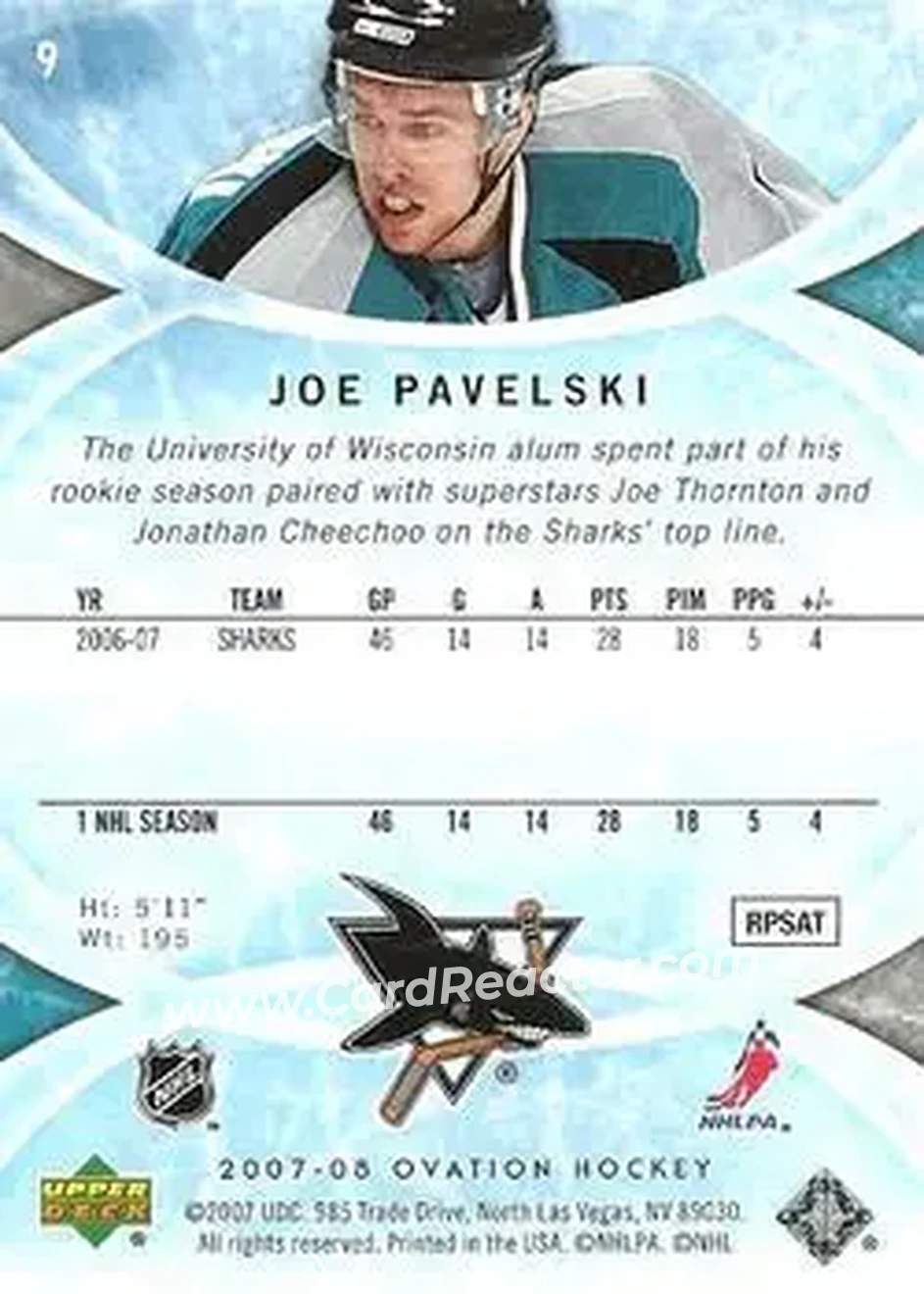 2007-08 Upper Deck Ovation #9 - Joe Pavelski - San Jose Sharks - Back