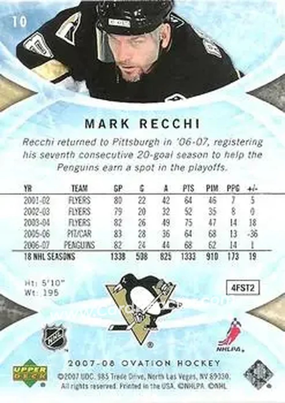 2007-08 Upper Deck Ovation #10 - Mark Recchi - Pittsburgh Penguins - Back 2007-08 Upper Deck Ovation #10 - Mark Recchi - Pittsburgh Penguins - Back