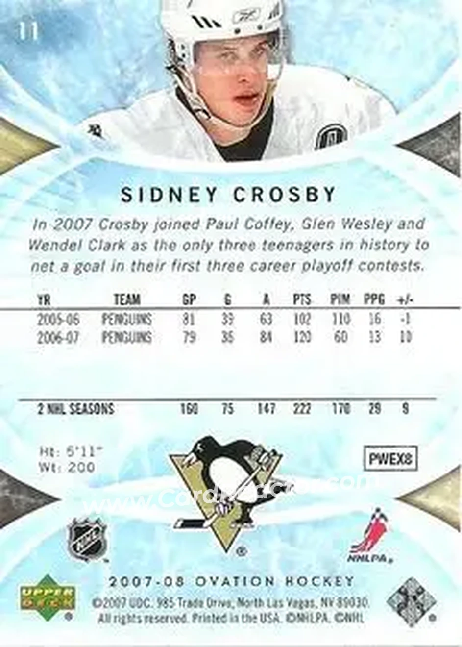 2007-08 Upper Deck Ovation #11 - Sidney Crosby - Pittsburgh Penguins - Back