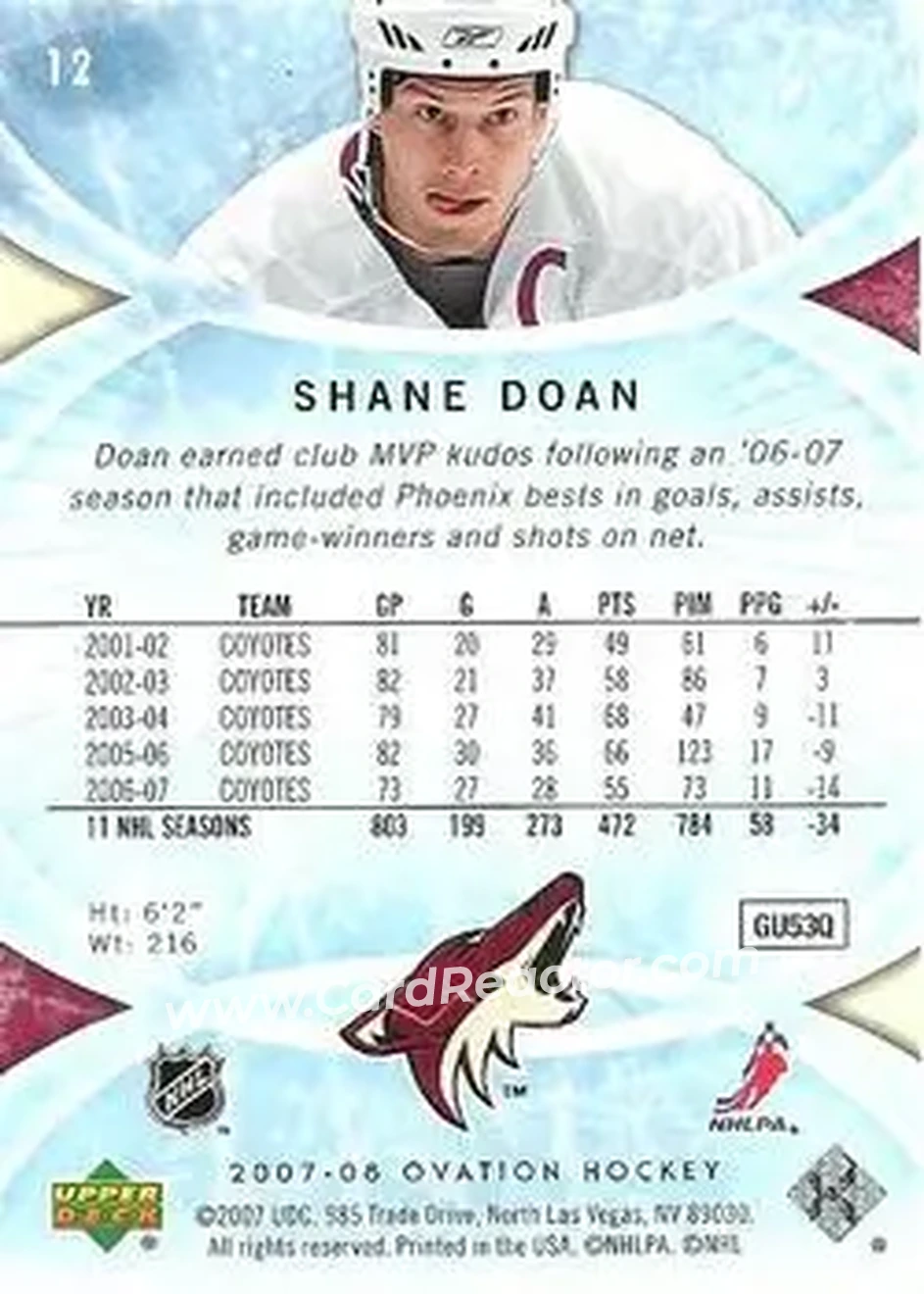 2007-08 Upper Deck Ovation #12 - Shane Doan - Phoenix Coyotes - Back