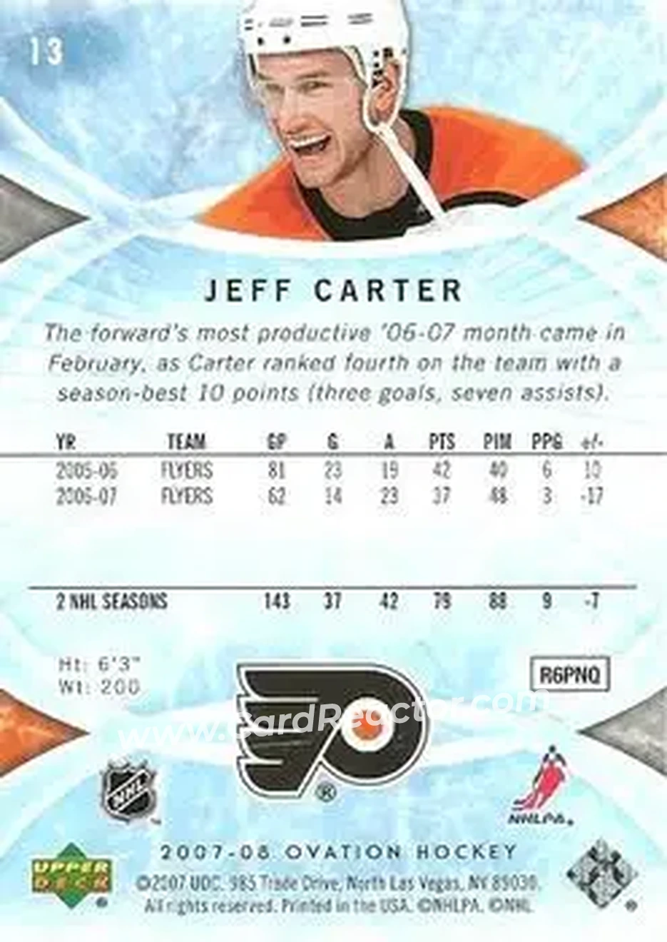 2007-08 Upper Deck Ovation #13 - Jeff Carter - Philadelphia Flyers - Back