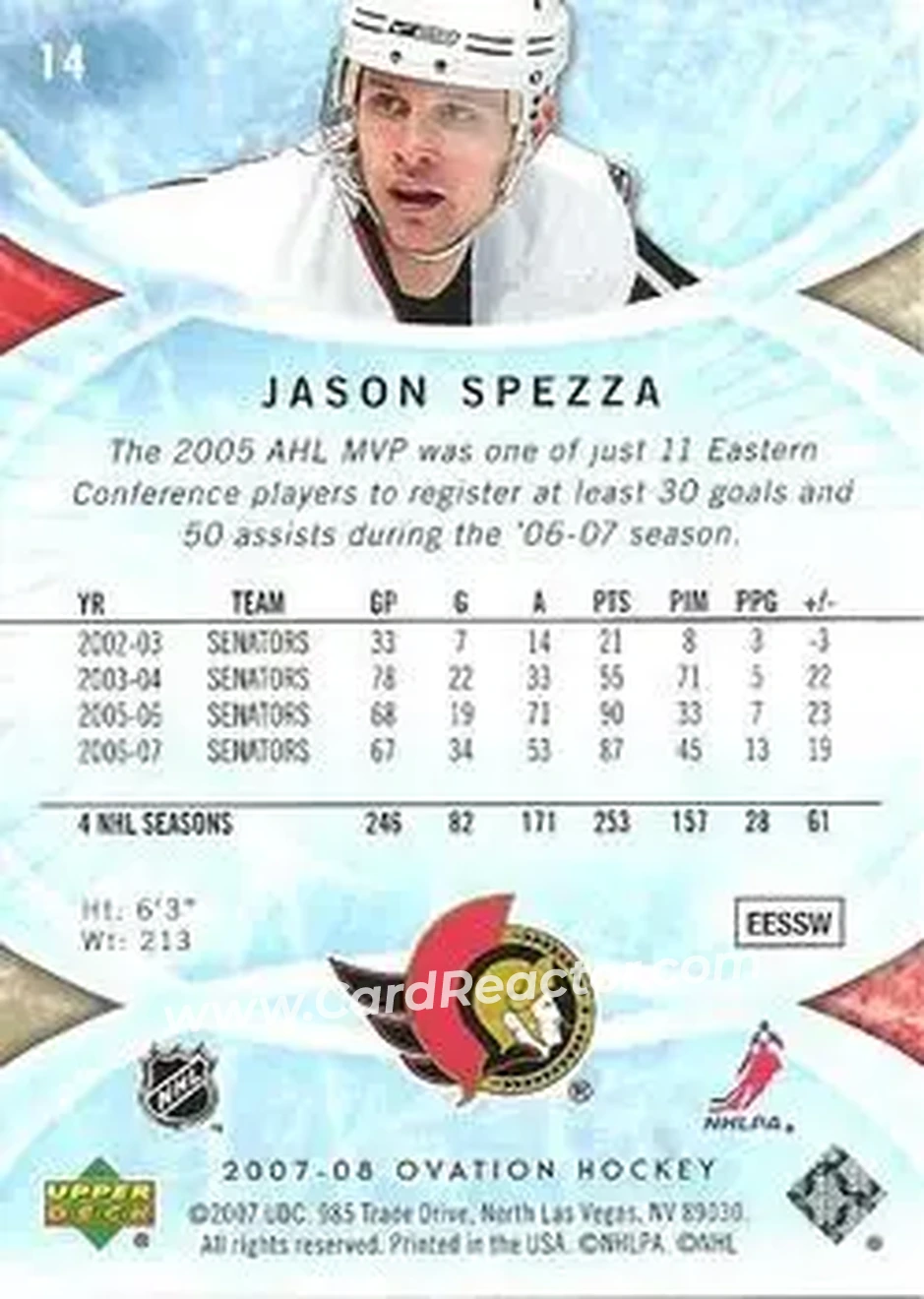 2007-08 Upper Deck Ovation #14 - Jason Spezza - Ottawa Senators - Back