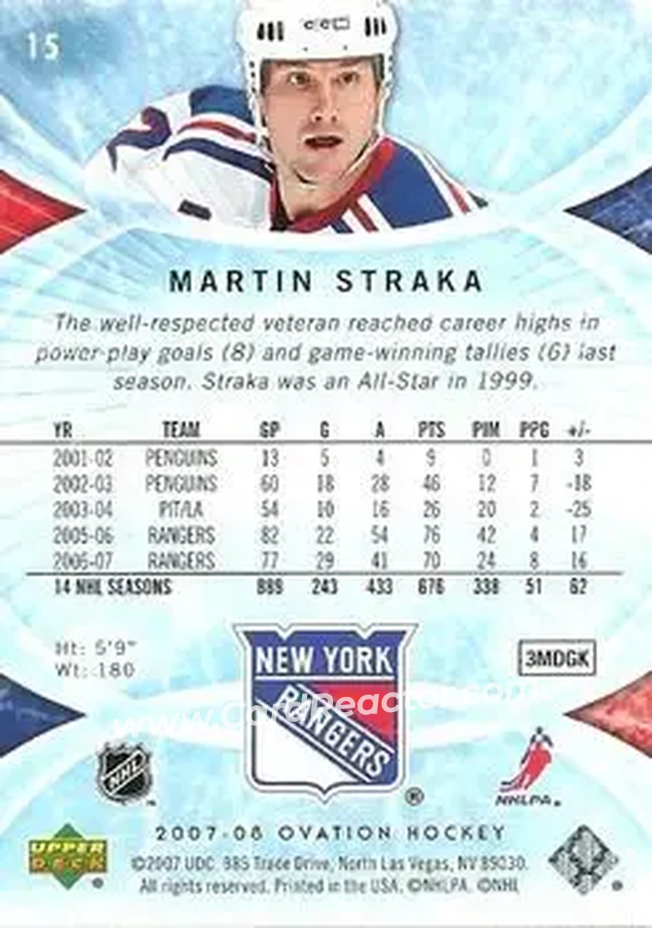2007-08 Upper Deck Ovation #15 - Martin Straka - New York Rangers - Back