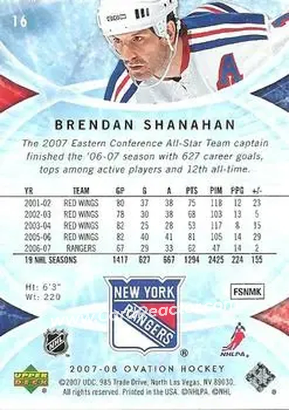 2007-08 Upper Deck Ovation #16 - Brendan Shanahan - New York Rangers - Back