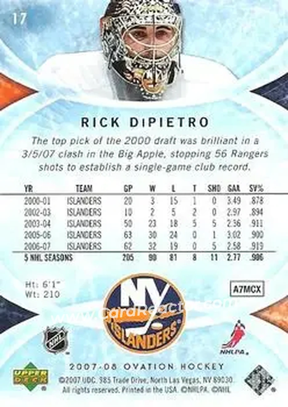 2007-08 Upper Deck Ovation #17 - Rick DiPietro - New York Islanders - Back 2007-08 Upper Deck Ovation #17 - Rick DiPietro - New York Islanders - Back