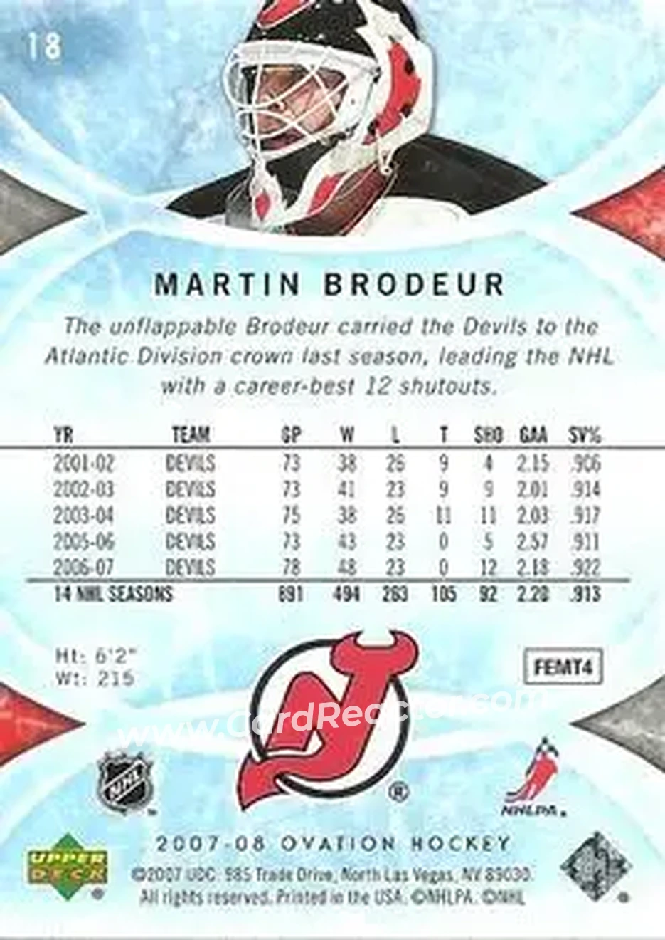 2007-08 Upper Deck Ovation #18 - Martin Brodeur - New Jersey Devils - Back