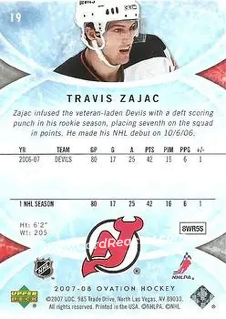 2007-08 Upper Deck Ovation #19 - Travis Zajac - New Jersey Devils - Back
