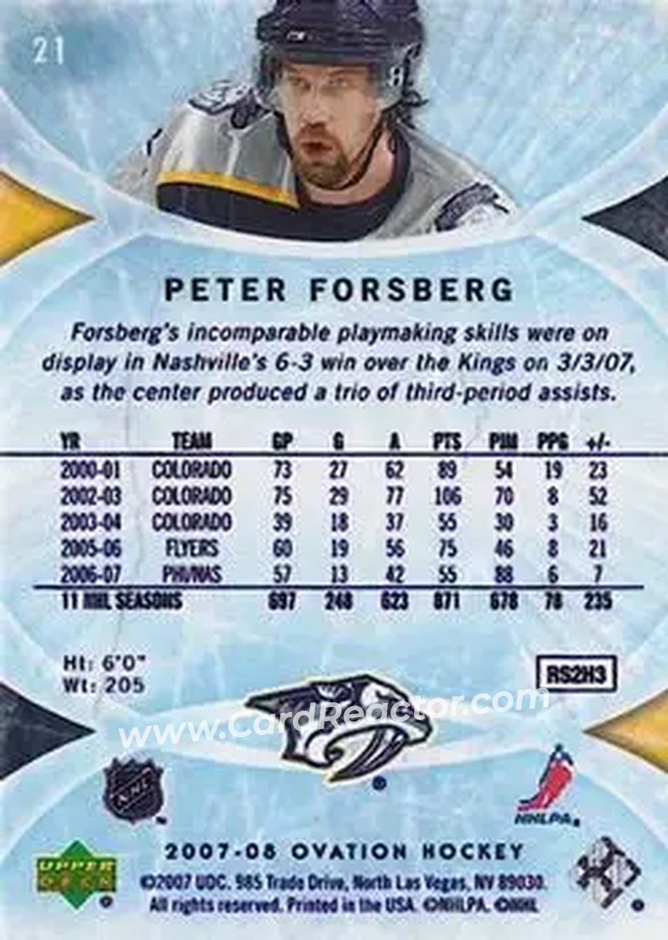 2007-08 Upper Deck Ovation #21 - Peter Forsberg - Nashville Predators - Back 2007-08 Upper Deck Ovation #21 - Peter Forsberg - Nashville Predators - Back
