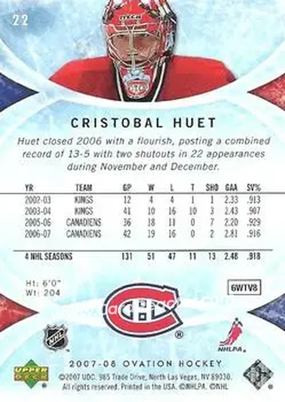 2007-08 Upper Deck Ovation #22 - Cristobal Huet - Montreal Canadiens - Back 2007-08 Upper Deck Ovation #22 - Cristobal Huet - Montreal Canadiens - Back
