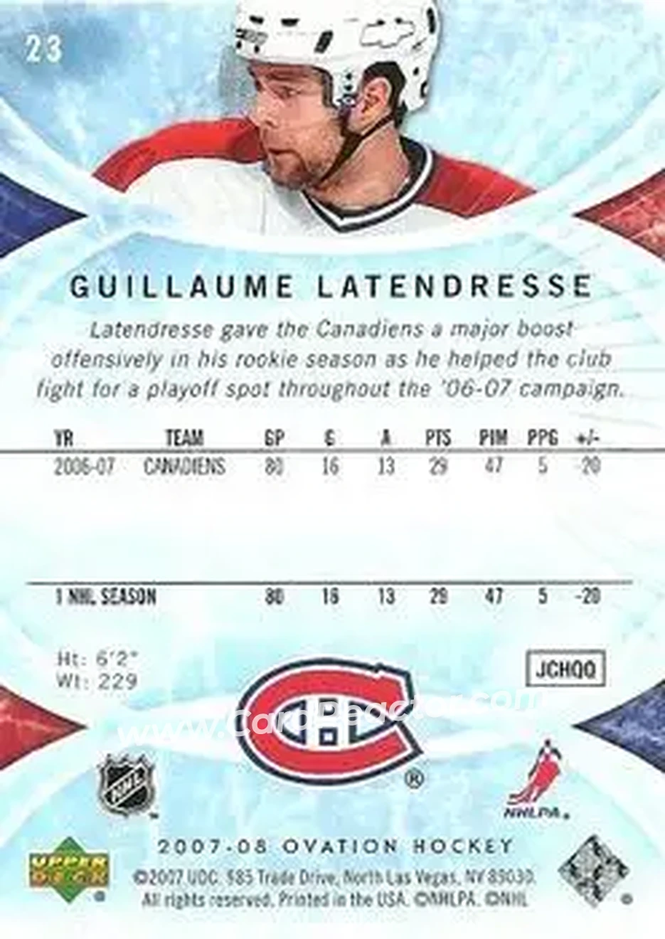 2007-08 Upper Deck Ovation #23 - Guillaume Latendresse - Montreal Canadiens - Back