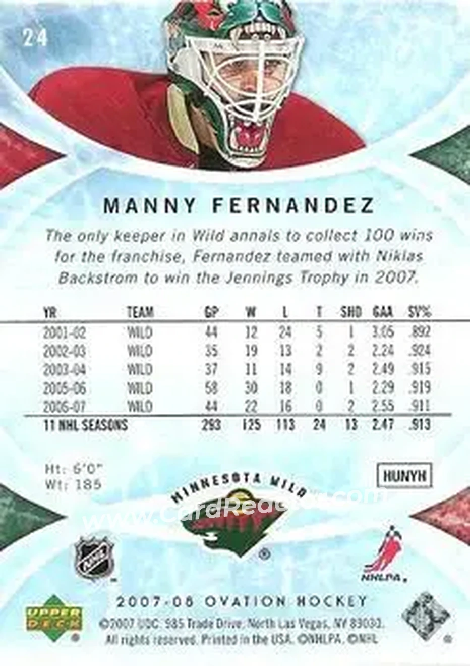 2007-08 Upper Deck Ovation #24 - Manny Fernandez - Minnesota Wild - Back