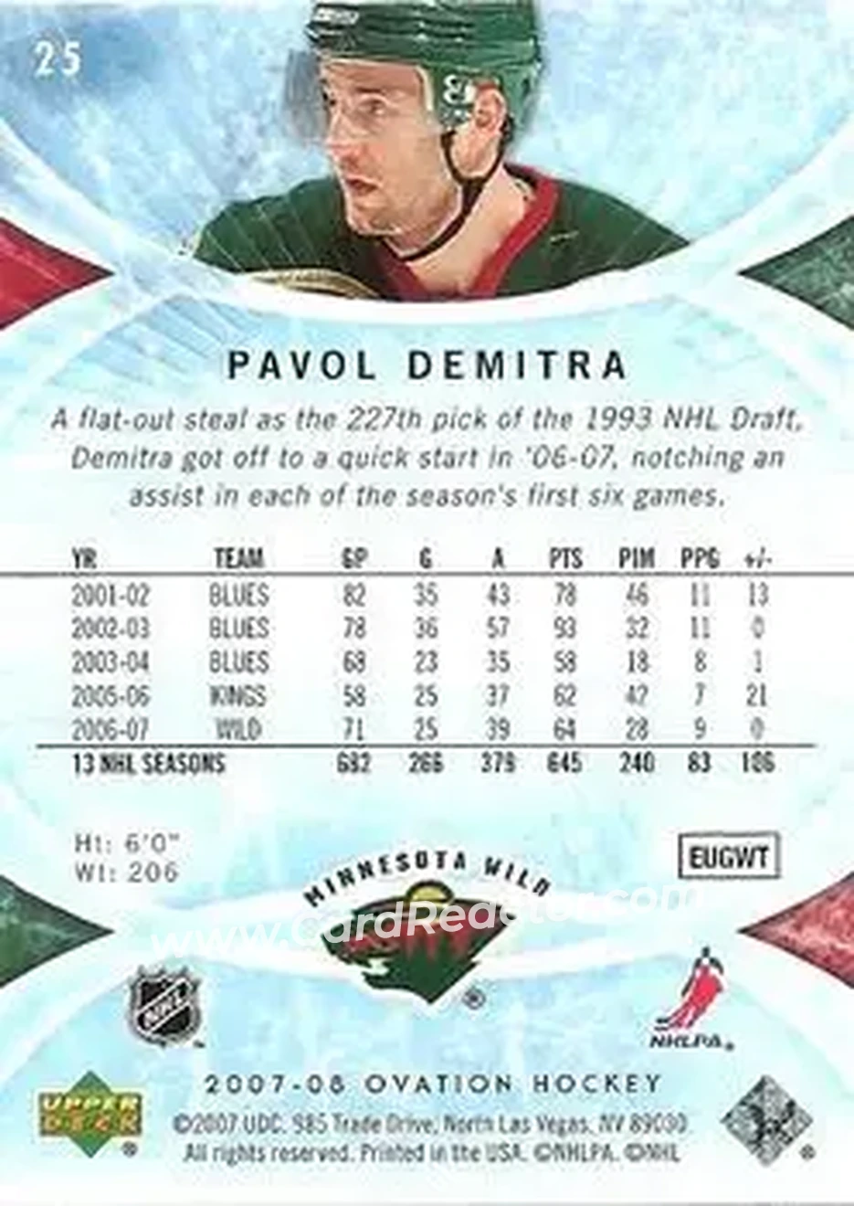 2007-08 Upper Deck Ovation #25 - Pavol Demitra - Minnesota Wild - Back