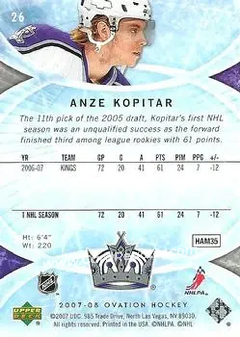 2007-08 Upper Deck Ovation #26 - Anze Kopitar - Los Angeles Kings - Back