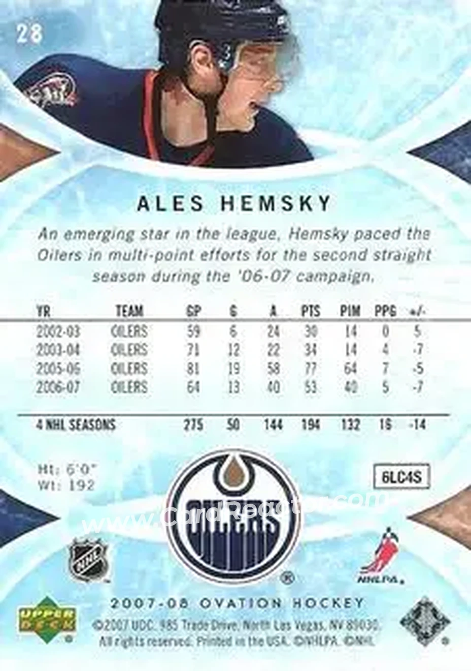 2007-08 Upper Deck Ovation #28 - Ales Hemsky - Edmonton Oilers - Back