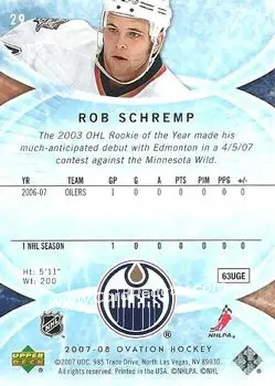 2007-08 Upper Deck Ovation #29 - Rob Schremp - Edmonton Oilers - Back
