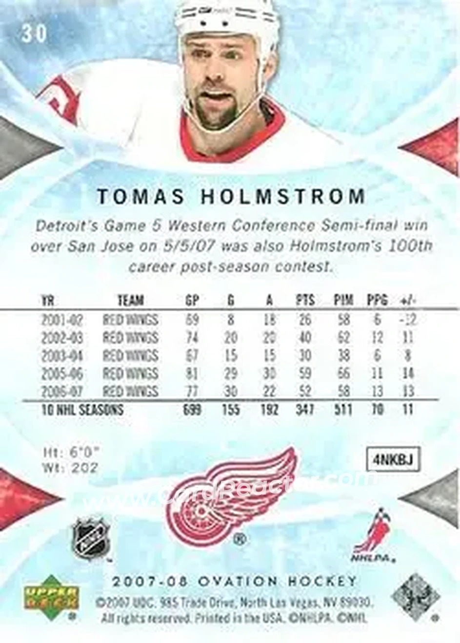 2007-08 Upper Deck Ovation #30 - Tomas Holmstrom - Detroit Red Wings - Back 2007-08 Upper Deck Ovation #30 - Tomas Holmstrom - Detroit Red Wings - Back