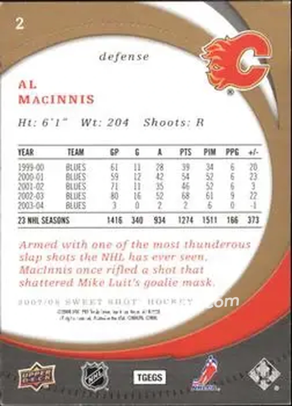 2007-08 Upper Deck Sweet Shot #2 - Al MacInnis - Calgary Flames - Back