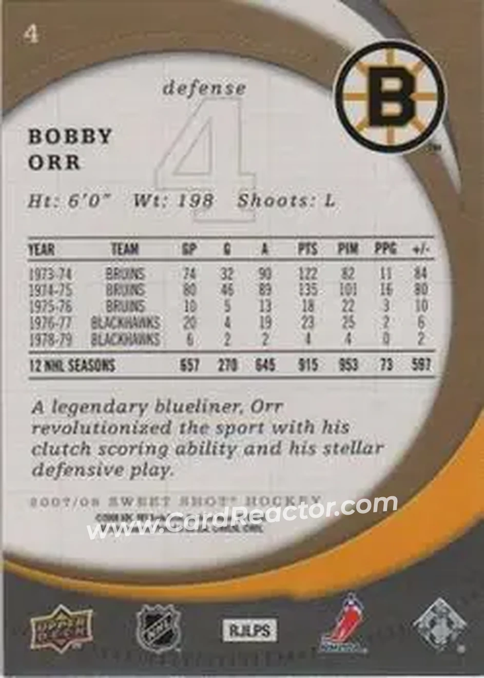 2007-08 Upper Deck Sweet Shot #4 - Bobby Orr - Boston Bruins - Back