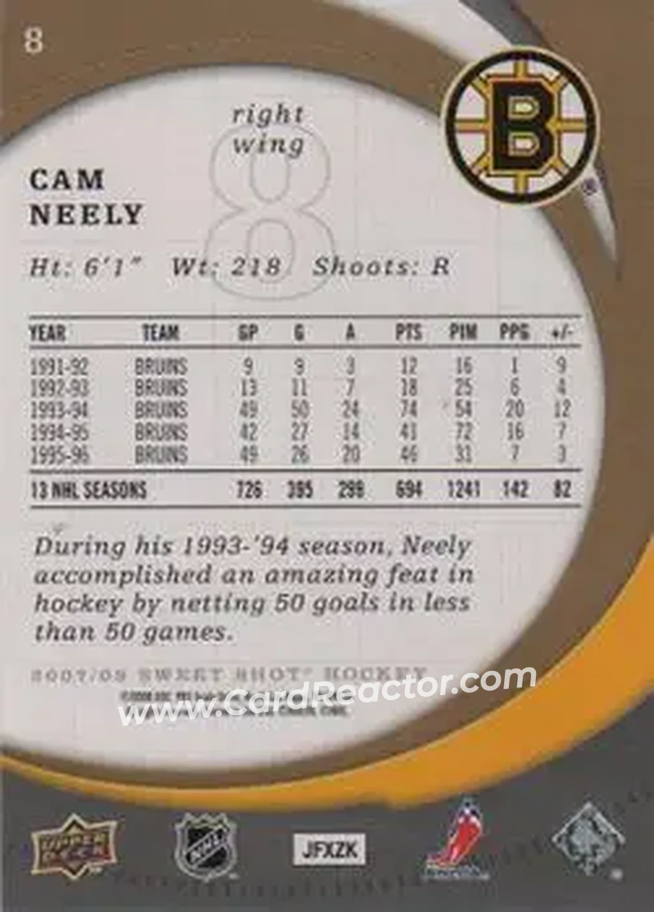 2007-08 Upper Deck Sweet Shot #8 - Cam Neely - Boston Bruins - Back 2007-08 Upper Deck Sweet Shot #8 - Cam Neely - Boston Bruins - Back