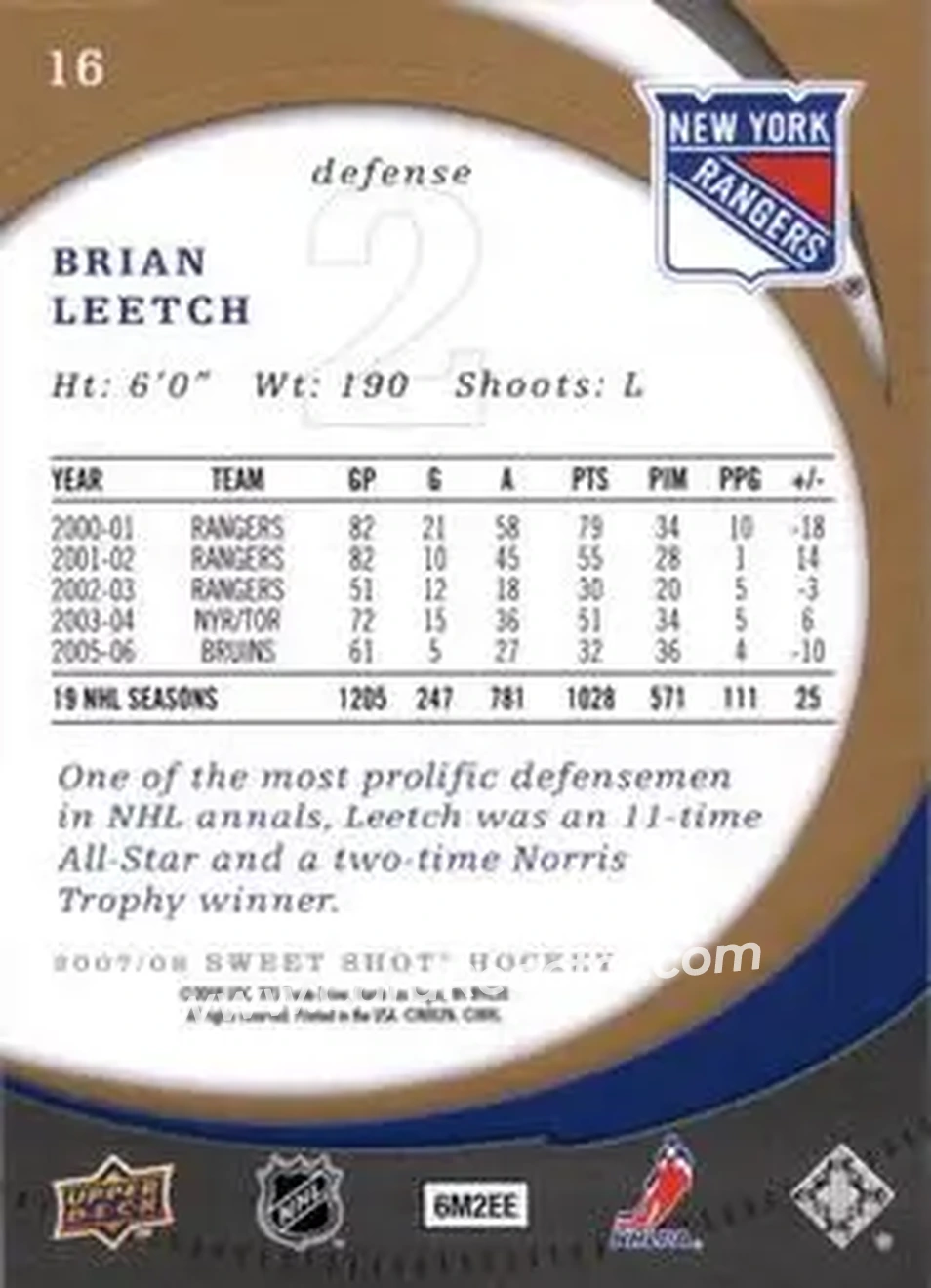 2007-08 Upper Deck Sweet Shot #16 - Brian Leetch - New York Rangers - Back