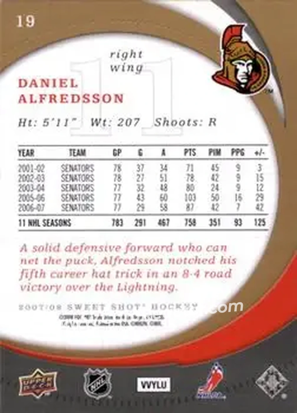 2007-08 Upper Deck Sweet Shot #19 - Daniel Alfredsson - Ottawa Senators - Back 2007-08 Upper Deck Sweet Shot #19 - Daniel Alfredsson - Ottawa Senators - Back