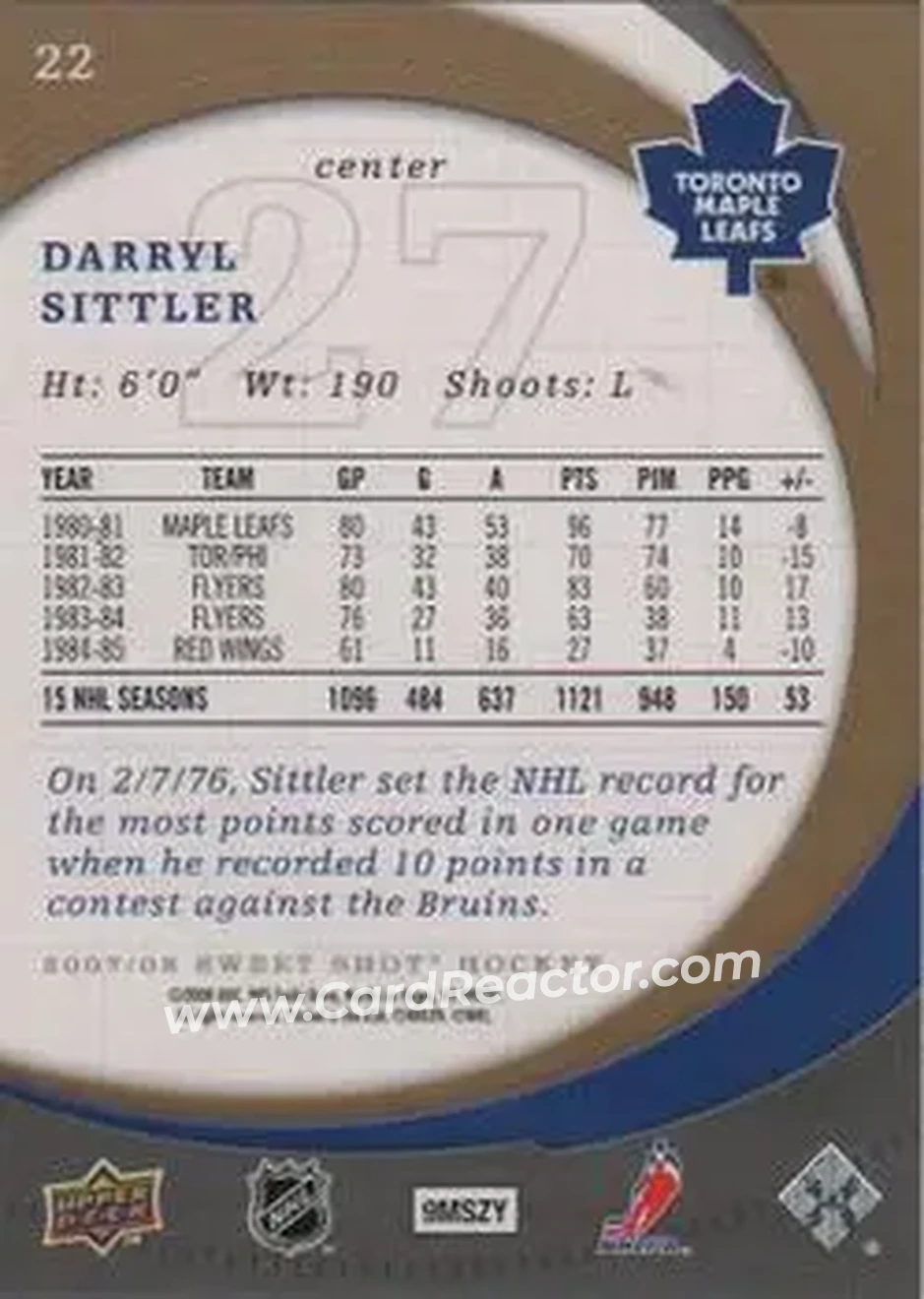 2007-08 Upper Deck Sweet Shot #22 - Darryl Sittler - Toronto Maple Leafs - Back