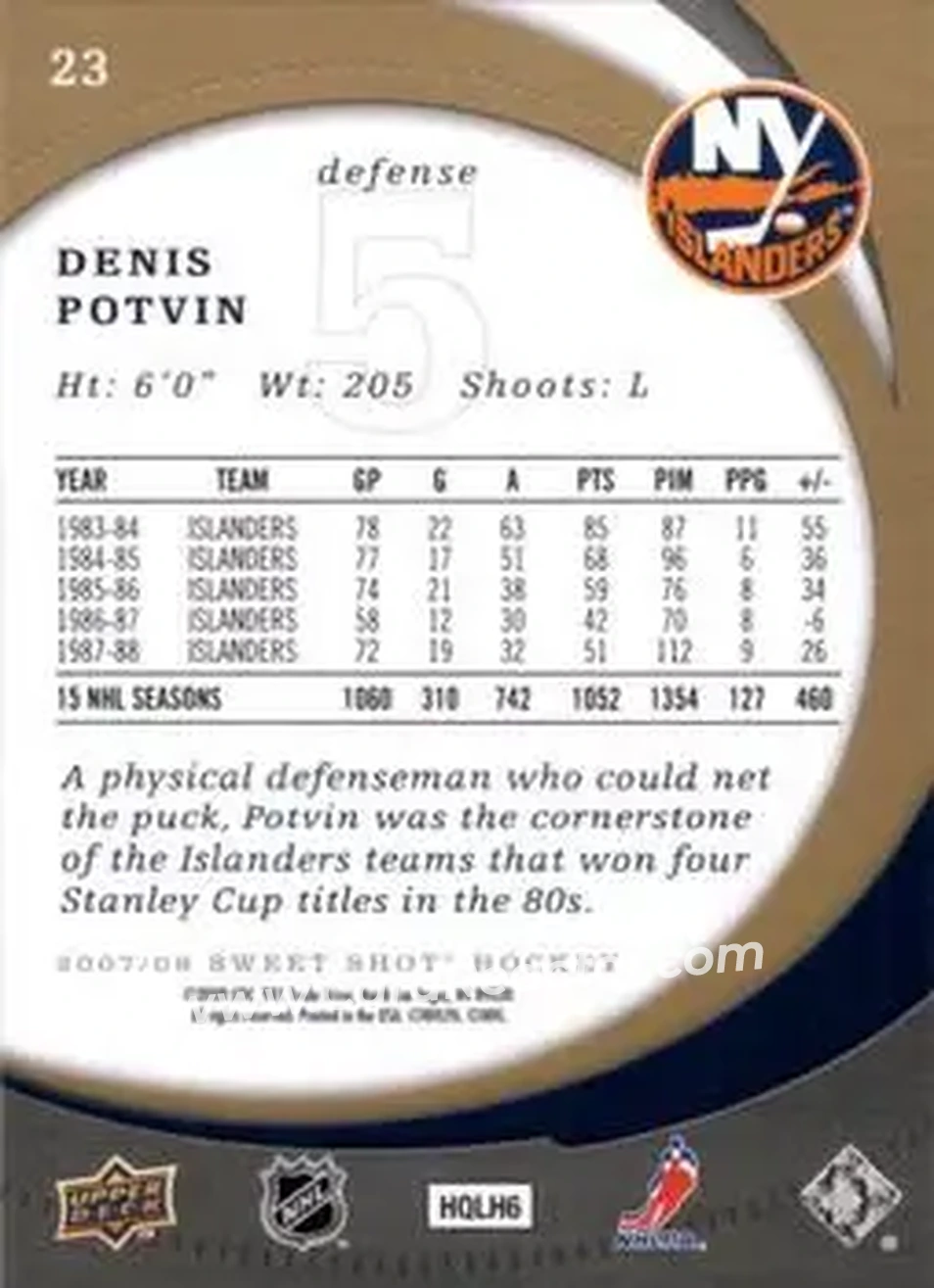2007-08 Upper Deck Sweet Shot #23 - Denis Potvin - New York Islanders - Back