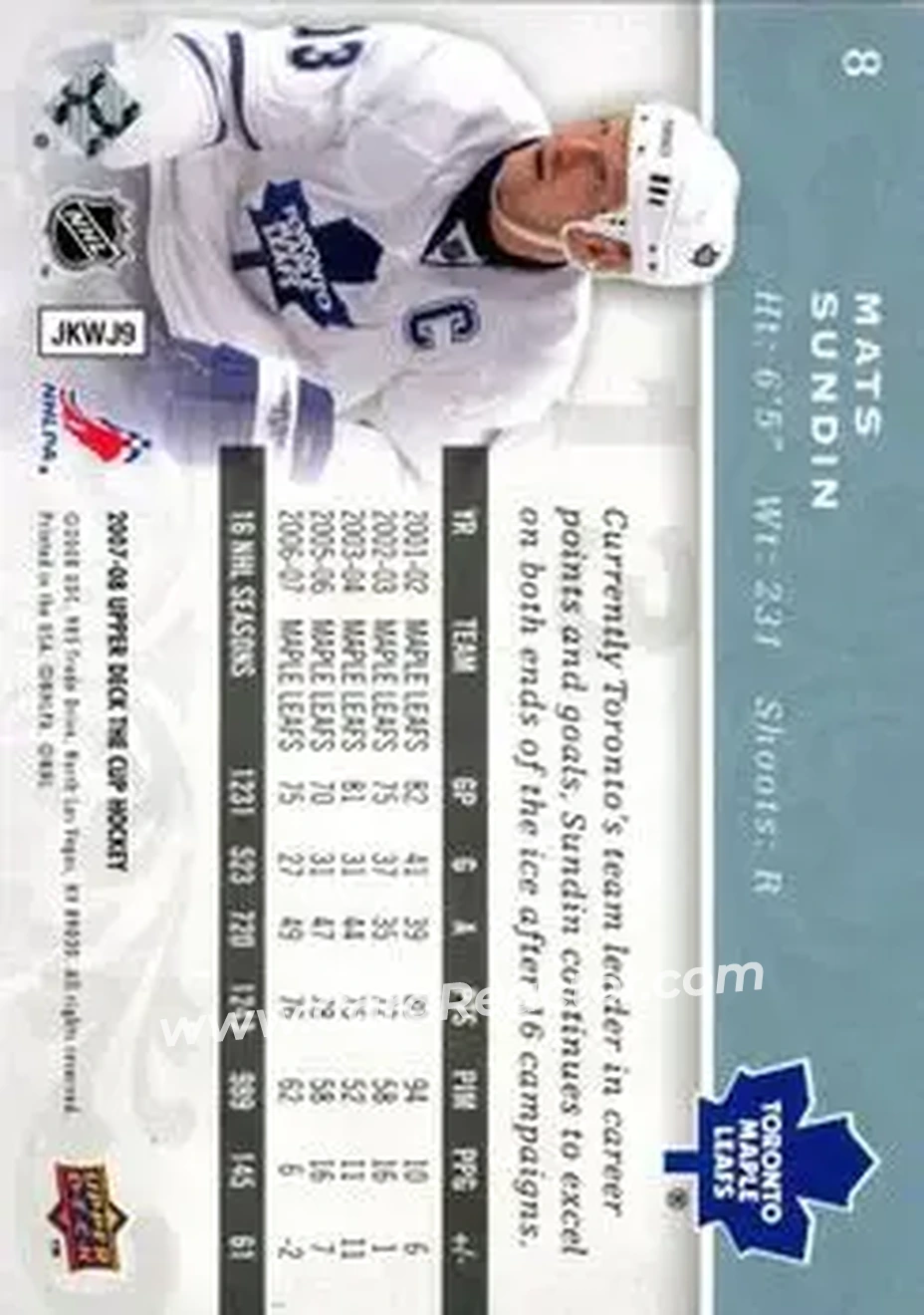 2007-08 Upper Deck The Cup #8 - Mats Sundin - Toronto Maple Leafs - Back