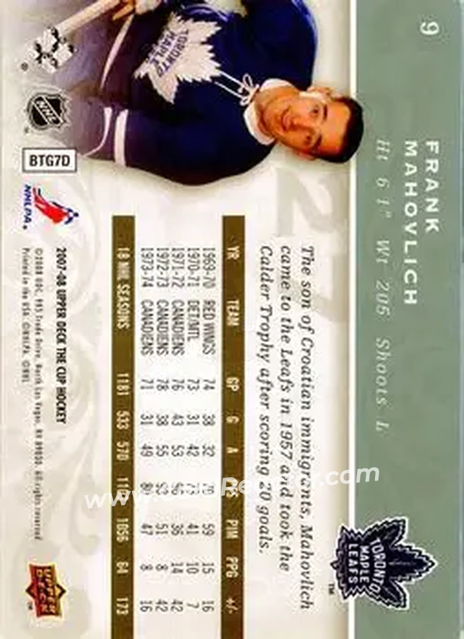 2007-08 Upper Deck The Cup #9 - Frank Mahovlich - Toronto Maple Leafs - Back