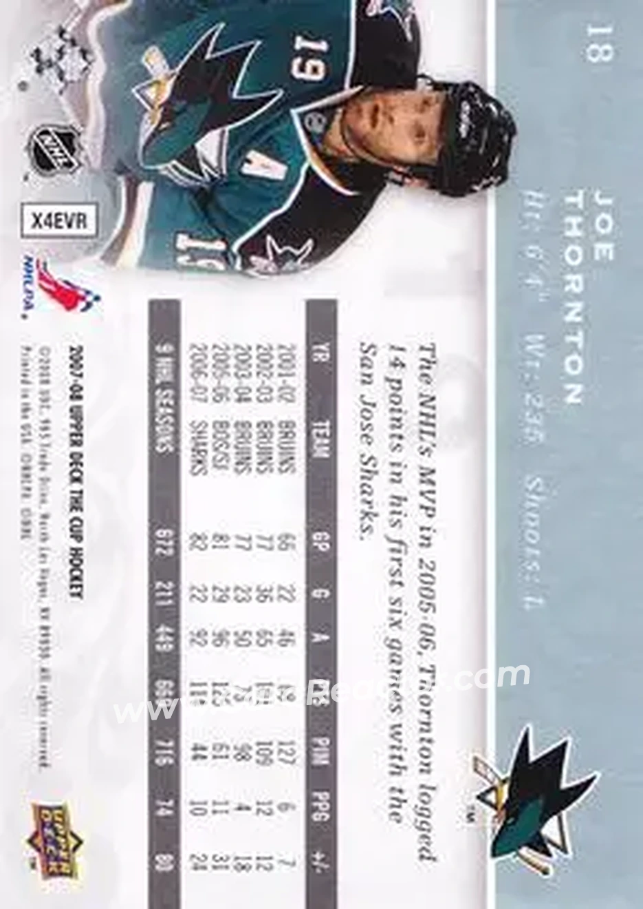 2007-08 Upper Deck The Cup #18 - Joe Thornton - San Jose Sharks - Back 2007-08 Upper Deck The Cup #18 - Joe Thornton - San Jose Sharks - Back