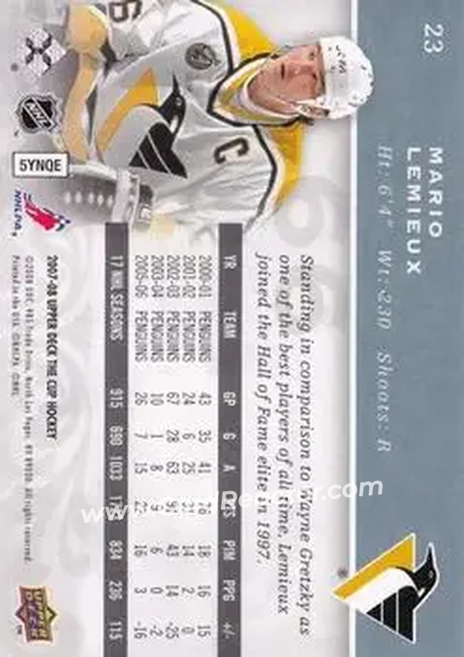 2007-08 Upper Deck The Cup #23 - Mario Lemieux - Pittsburgh Penguins - Back 2007-08 Upper Deck The Cup #23 - Mario Lemieux - Pittsburgh Penguins - Back
