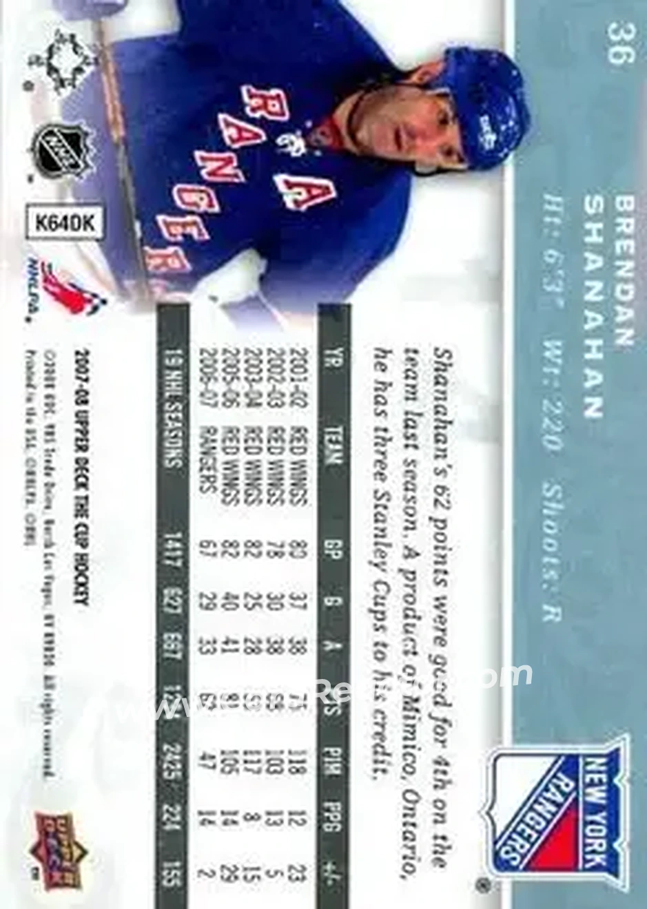 2007-08 Upper Deck The Cup #36 - Brendan Shanahan - New York Rangers - Back