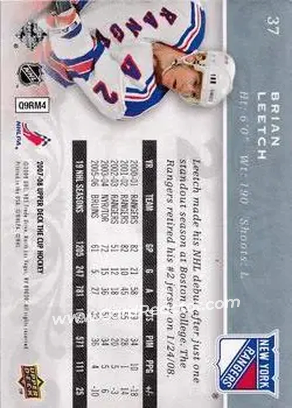 2007-08 Upper Deck The Cup #37 - Brian Leetch - New York Rangers - Back