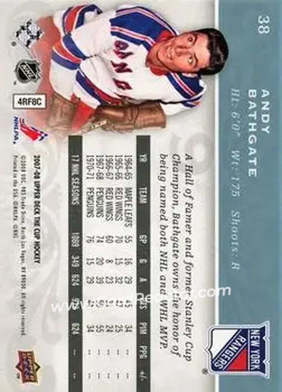 2007-08 Upper Deck The Cup #38 - Andy Bathgate - New York Rangers - Back