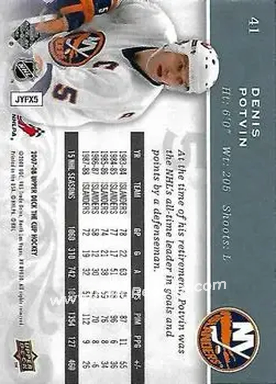 2007-08 Upper Deck The Cup #41 - Denis Potvin - New York Islanders - Back