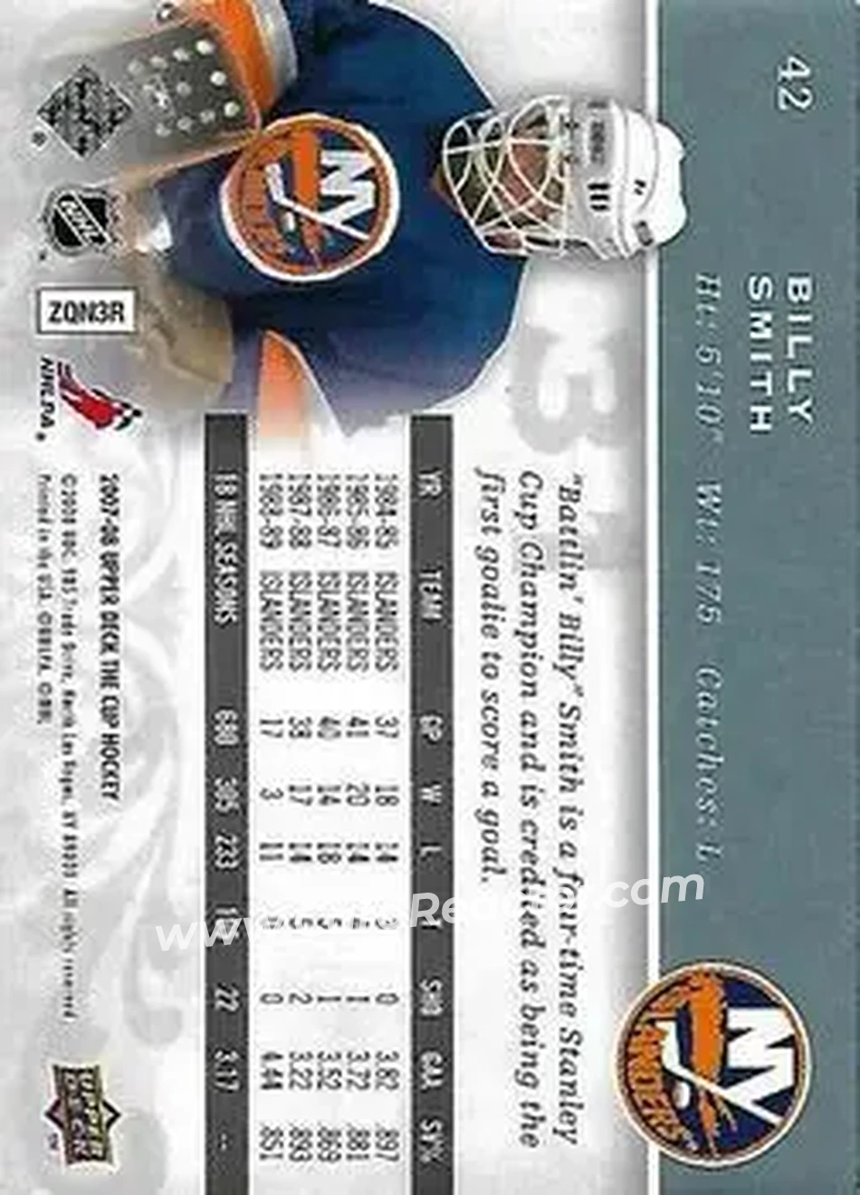 2007-08 Upper Deck The Cup #42 - Bill Smith - New York Islanders - Back