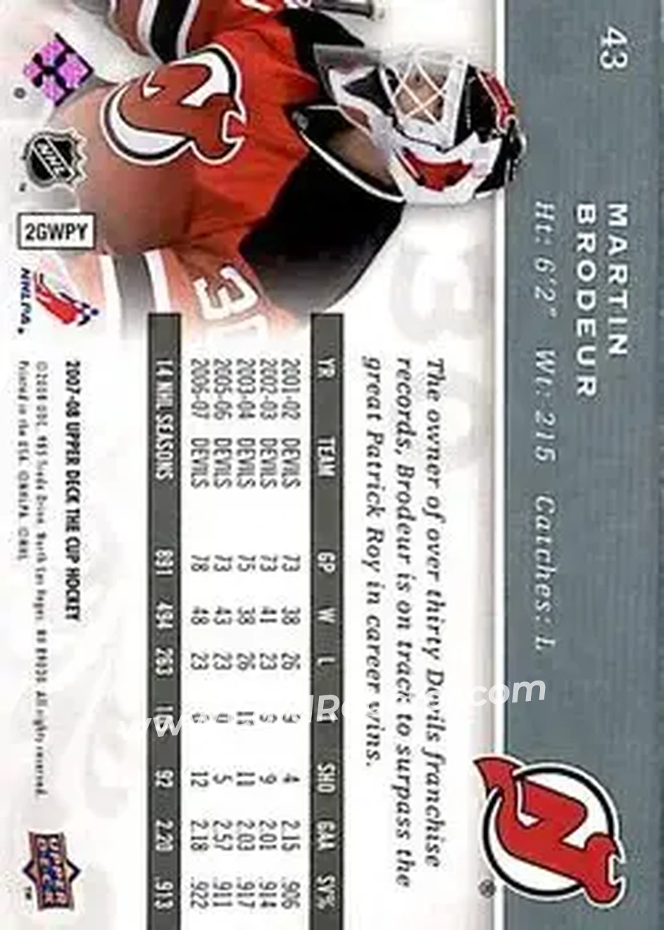 2007-08 Upper Deck The Cup #43 - Martin Brodeur - New Jersey Devils - Back