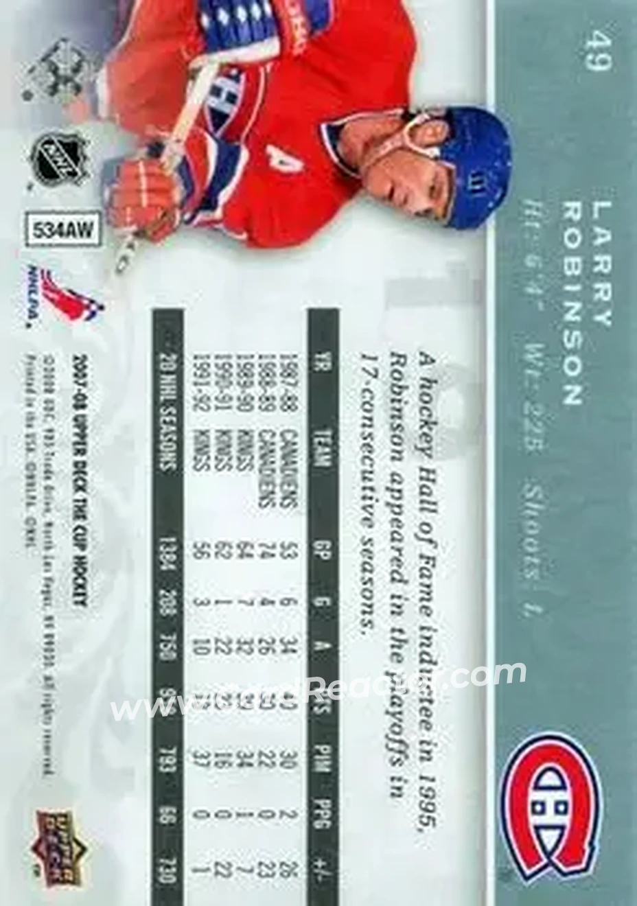 2007-08 Upper Deck The Cup #49 - Larry Robinson - Montreal Canadiens - Back