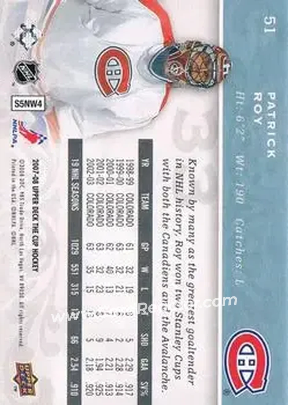 2007-08 Upper Deck The Cup #51 - Patrick Roy - Montreal Canadiens - Back