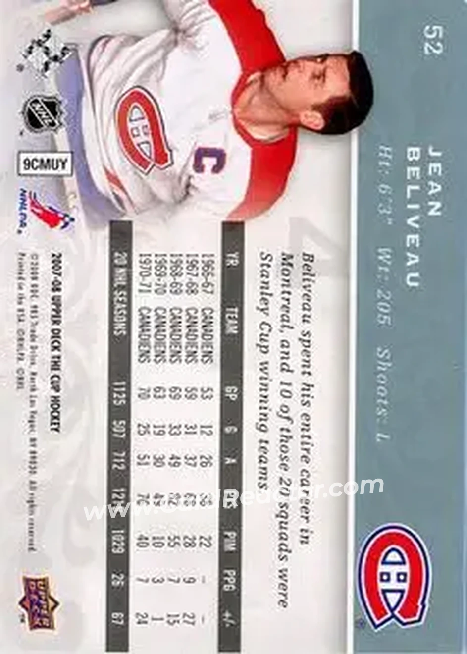 2007-08 Upper Deck The Cup #52 - Jean Beliveau - Montreal Canadiens - Back