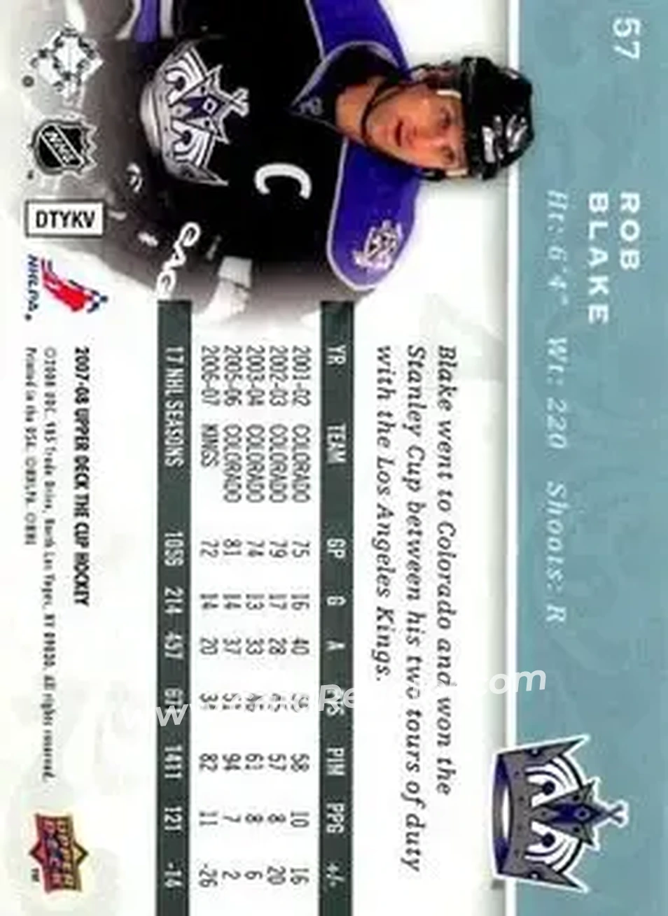 2007-08 Upper Deck The Cup #57 - Rob Blake - Los Angeles Kings - Back 2007-08 Upper Deck The Cup #57 - Rob Blake - Los Angeles Kings - Back