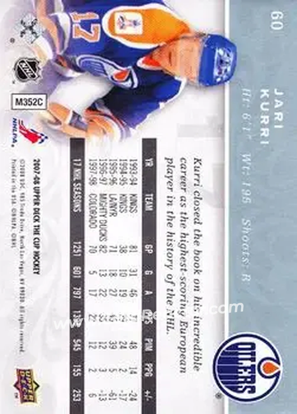 2007-08 Upper Deck The Cup #60 - Jari Kurri - Edmonton Oilers - Back