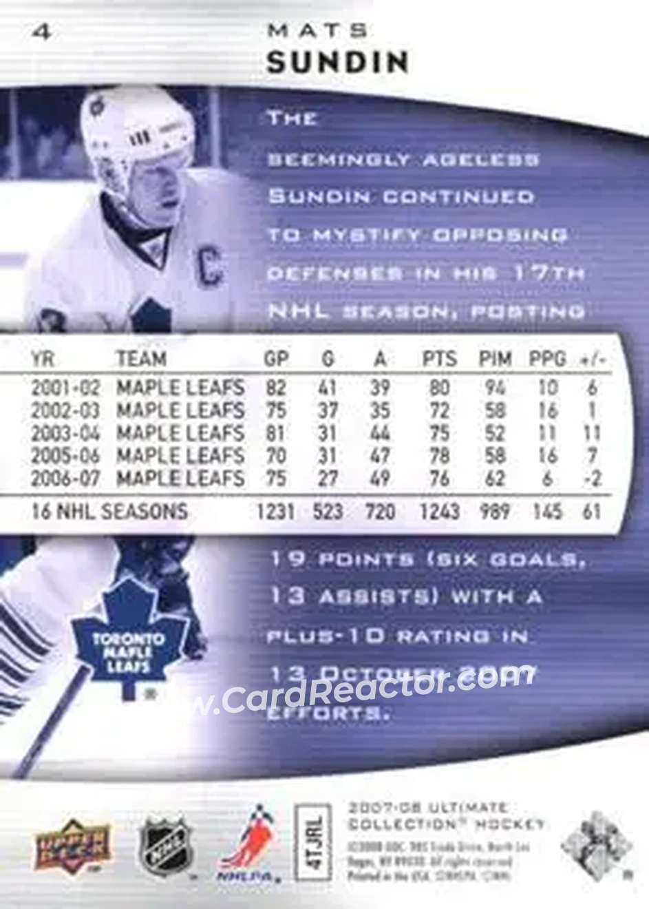 2007-08 Upper Deck Ultimate Collection #4 - Mats Sundin - Toronto Maple Leafs - Back